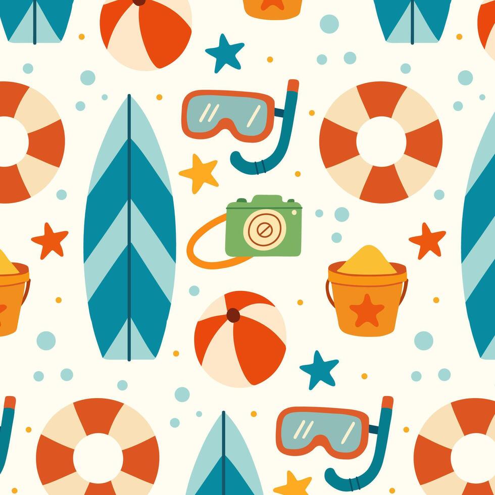 Summer beach pattern with snorkeling and toys vector