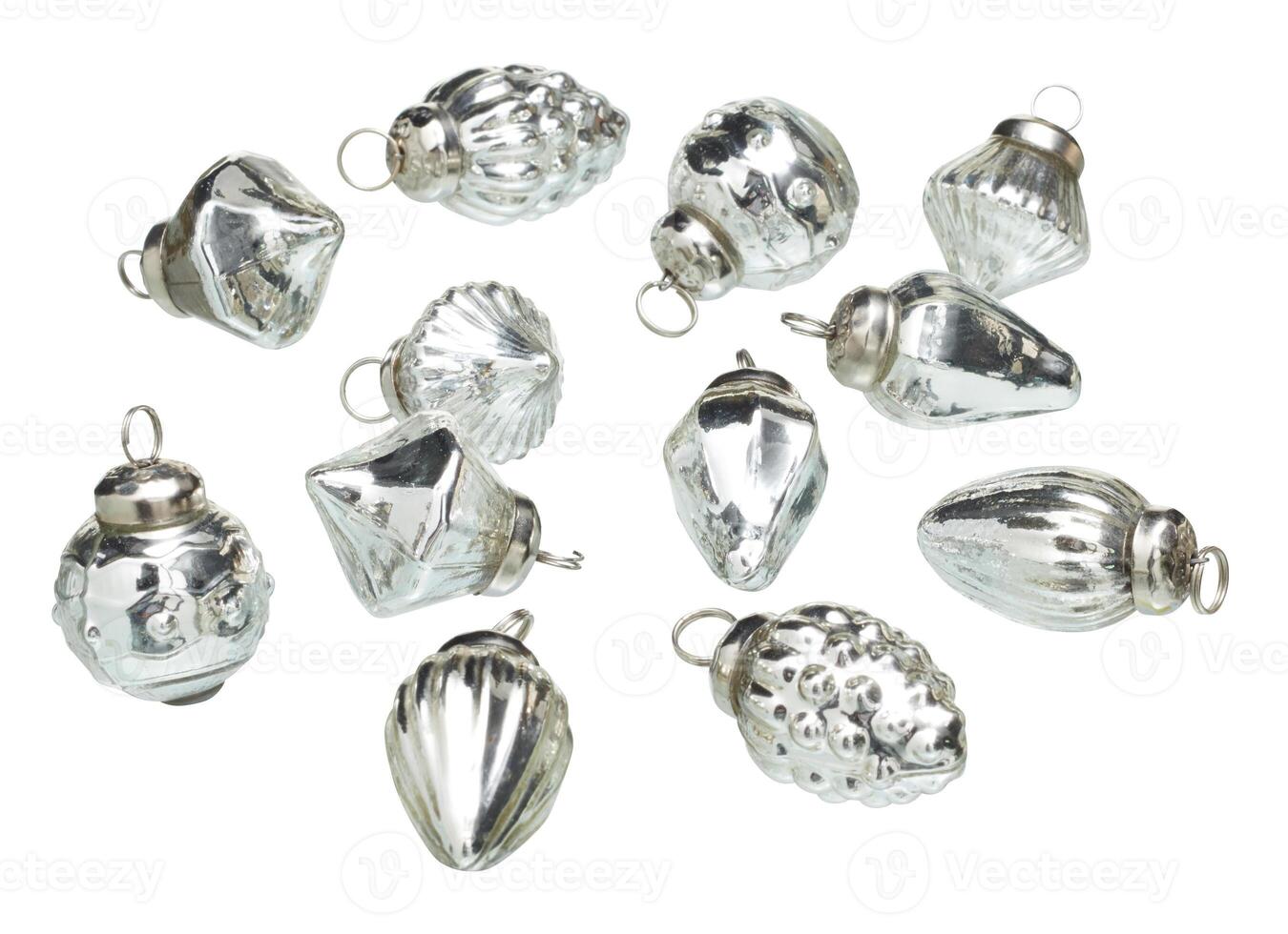 Various silver glass balls with hanging loops for party cut out isolated white background with clipping pathdecoration photo