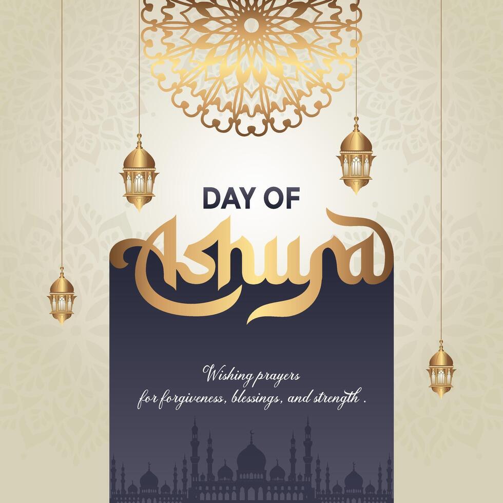 Day of Ashura, the 10th day of Muharram, features an Islamic pattern and frame with elegant typography. Ideal for Eid, Isra Miraj, Milad, and Muharram cards, posters, and background designs vector