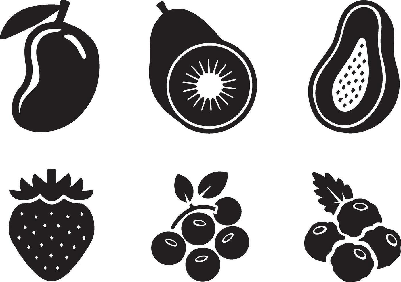 Flat Black Icons of Tropical and Berry Fruit Collection vector