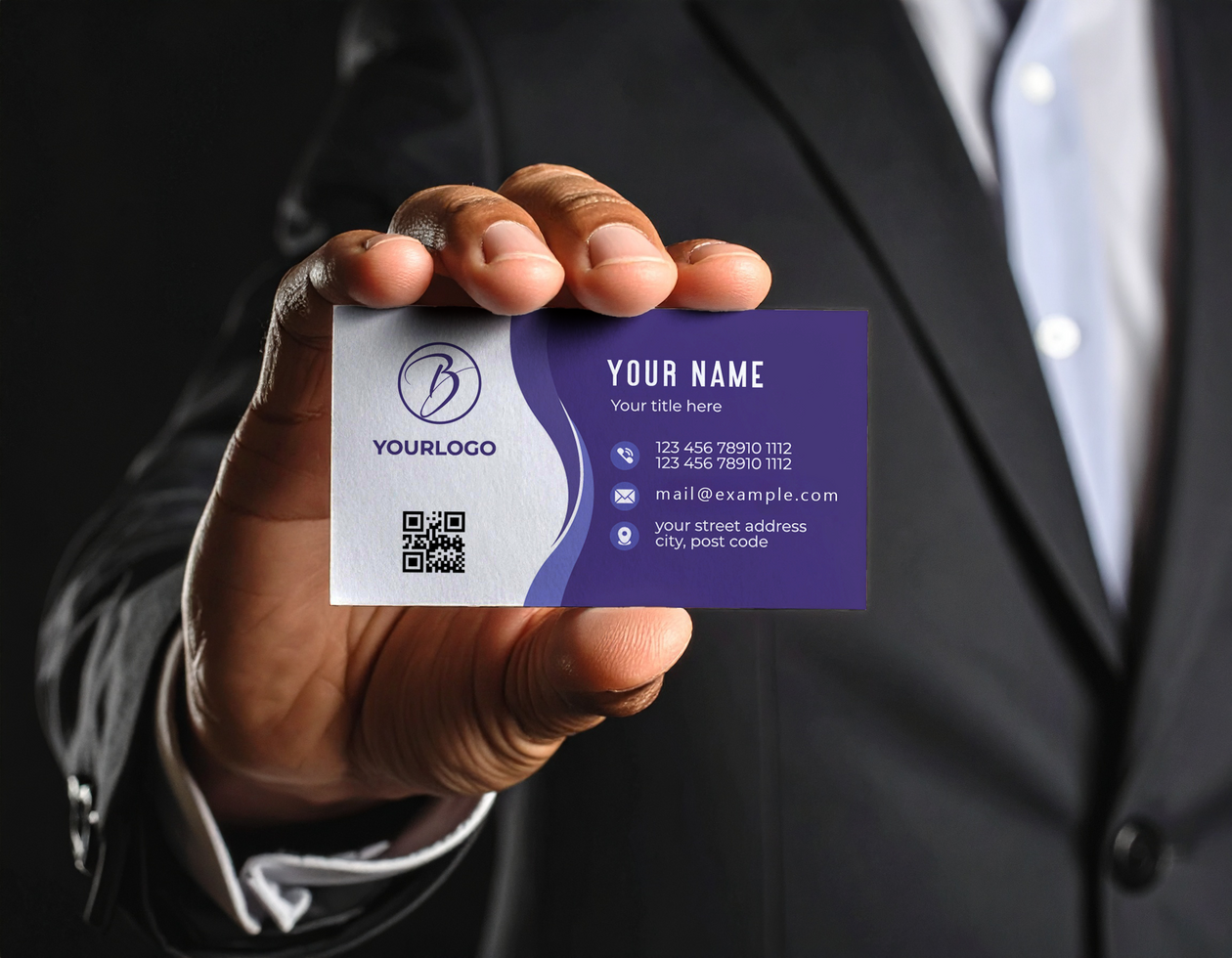 Business Hand in Suit Displaying Biz Card Mockup psd