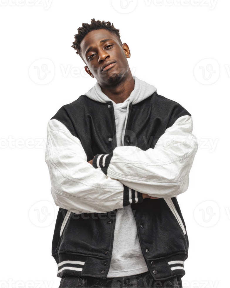 Cool young boy with folded arms in black and white sporty outfit isolated on transparent background png
