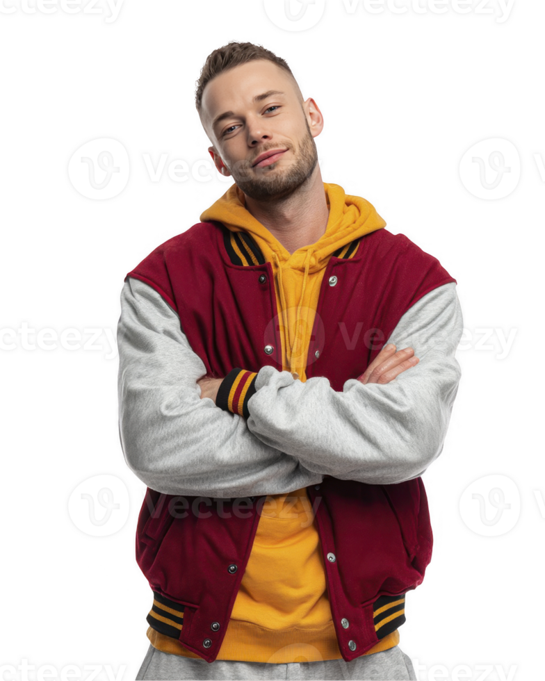 Stylish teenage boy in red and yellow jacket with arms crossed posing isolated on transparent background png