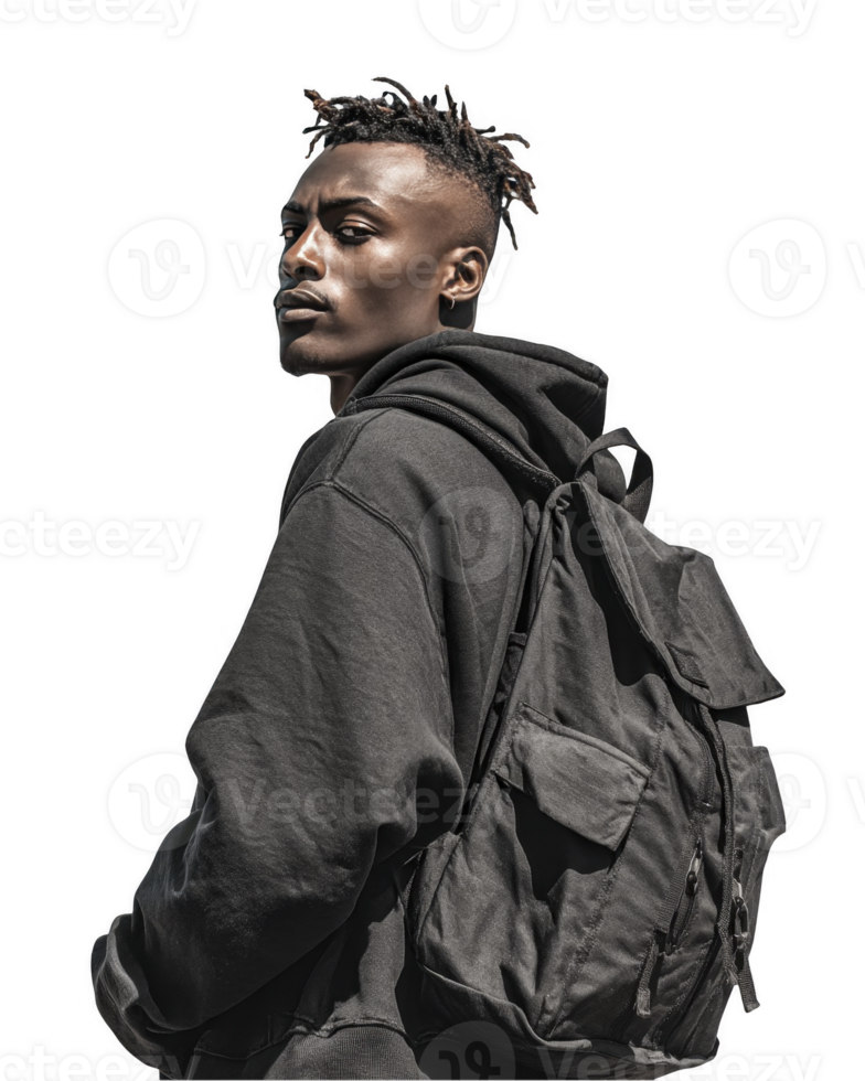 Young male student with black hoodie and backpack looking side with serious expression isolated on transparent background png