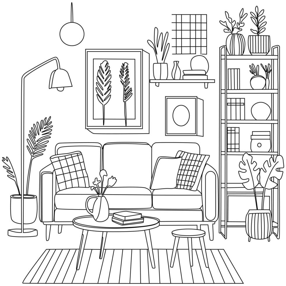 Stylish Living Room Design with Wall Decor Elements vector