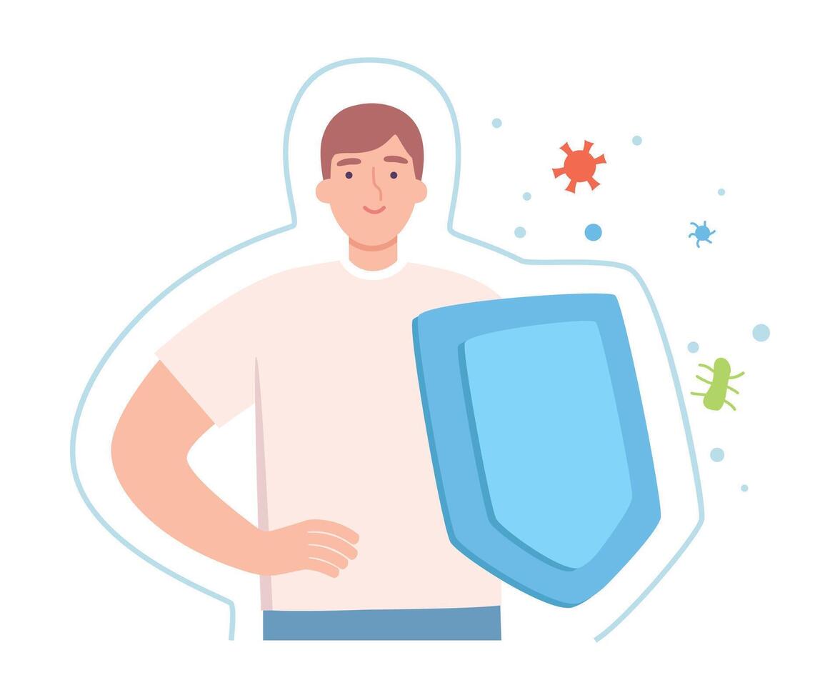 Healthy Man with Shield Surrounded by Invisible Barrier for Bacterial Attack Illustration vector