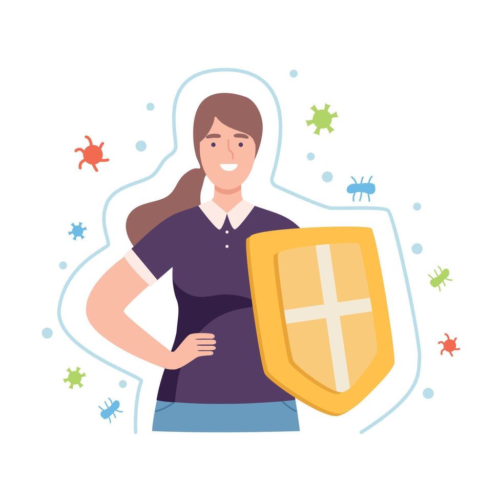 Young Female Character Holding Shield as Symbol of Strong Immune Resistance to Bacterial Attack Illustration vector