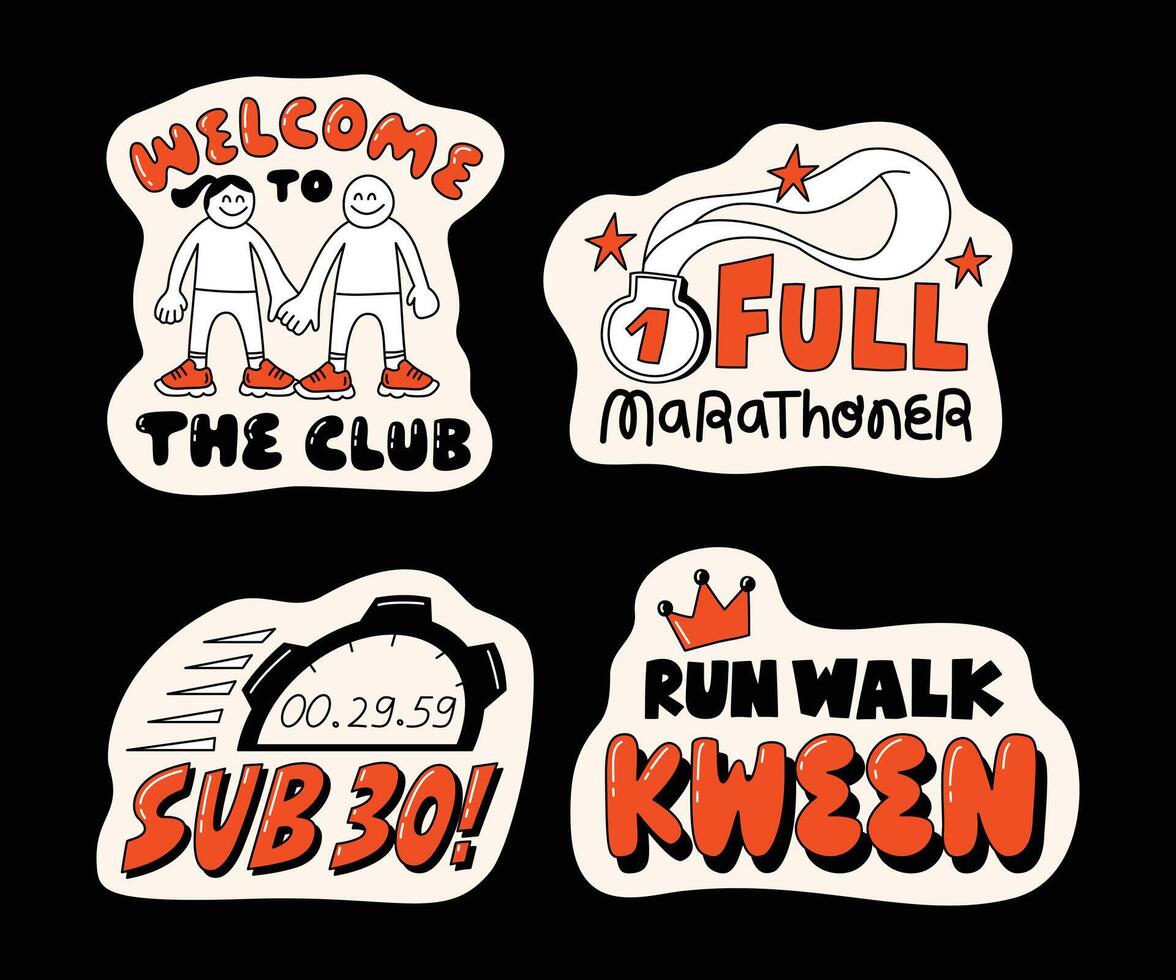 A collection of fun, motivational running-themed stickers with hand-drawn style, dynamic typography, and energetic characters vector