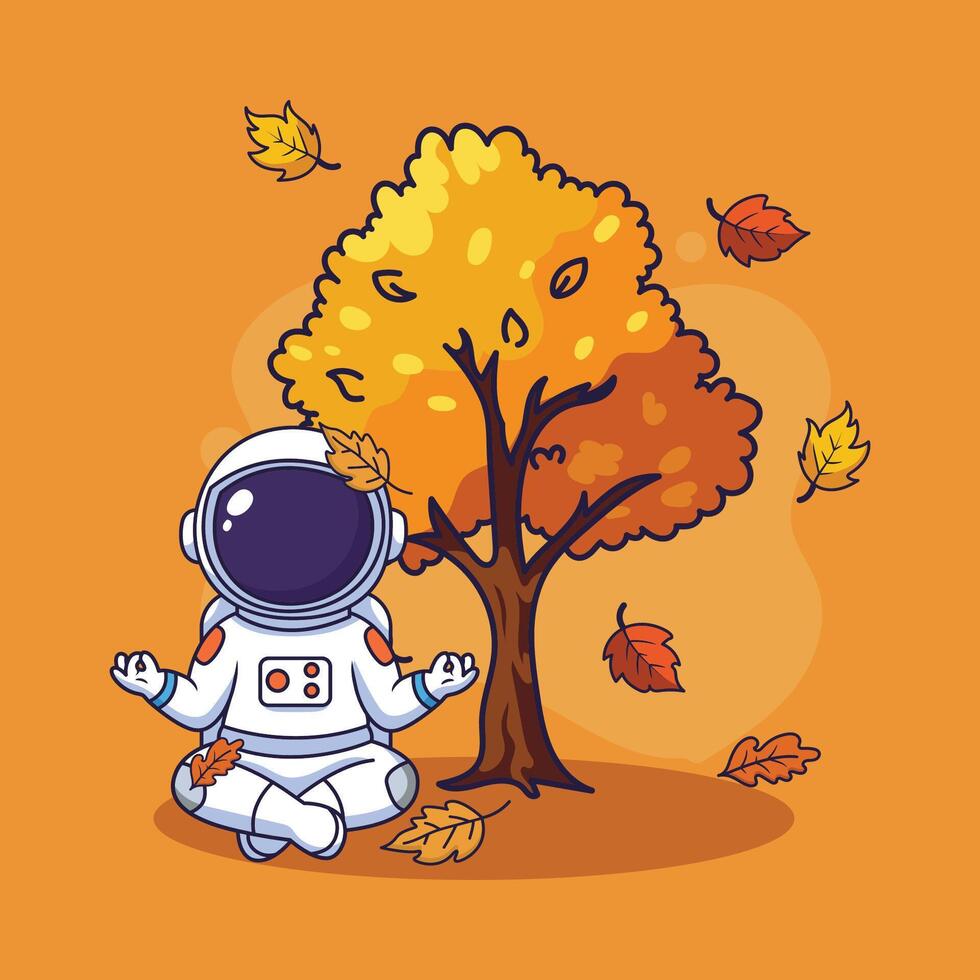 Astronaut meditating by autumn tree vector