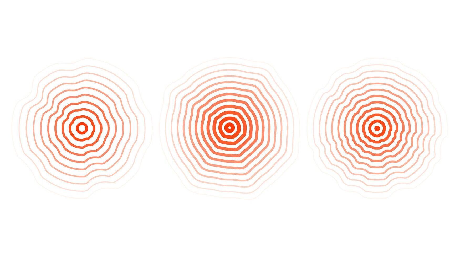 Red concentric ripple circles set. Sonar or sound wave distorted rings collection. Epicentre, target, radar icon concept. Radial signal or vibration elements. vector