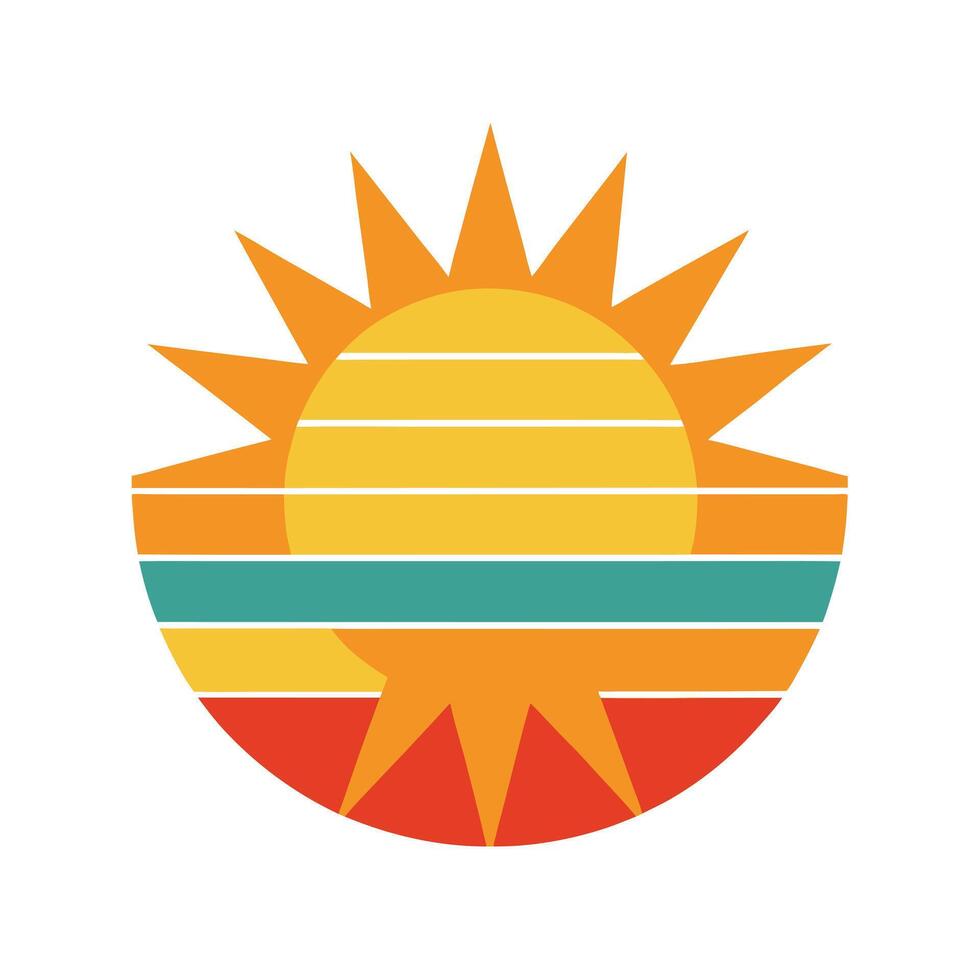 70s Style Sun Icon with Clean Color Stripe Bands vector