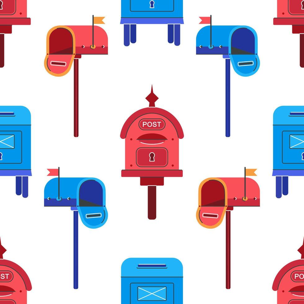 Postbox seamless pattern. Red, blue mailboxes for sending letters. Closed, open mail containers stand on a pillars, with a raised flag. Metal letterboxes. Colorful ornament for print, fabric vector