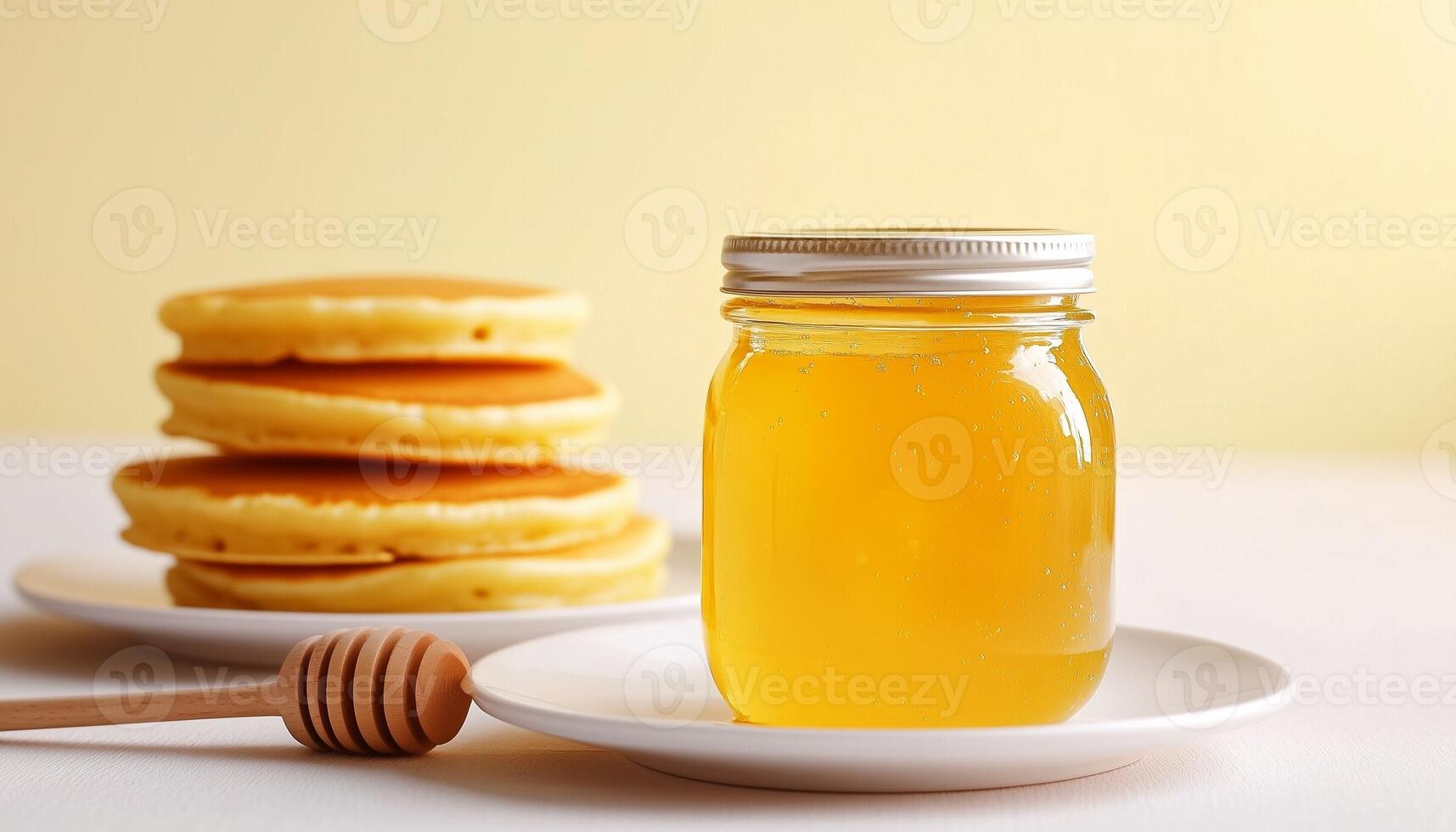 Natural honey bee on glass jar and white plate for natural organic sweetener photo