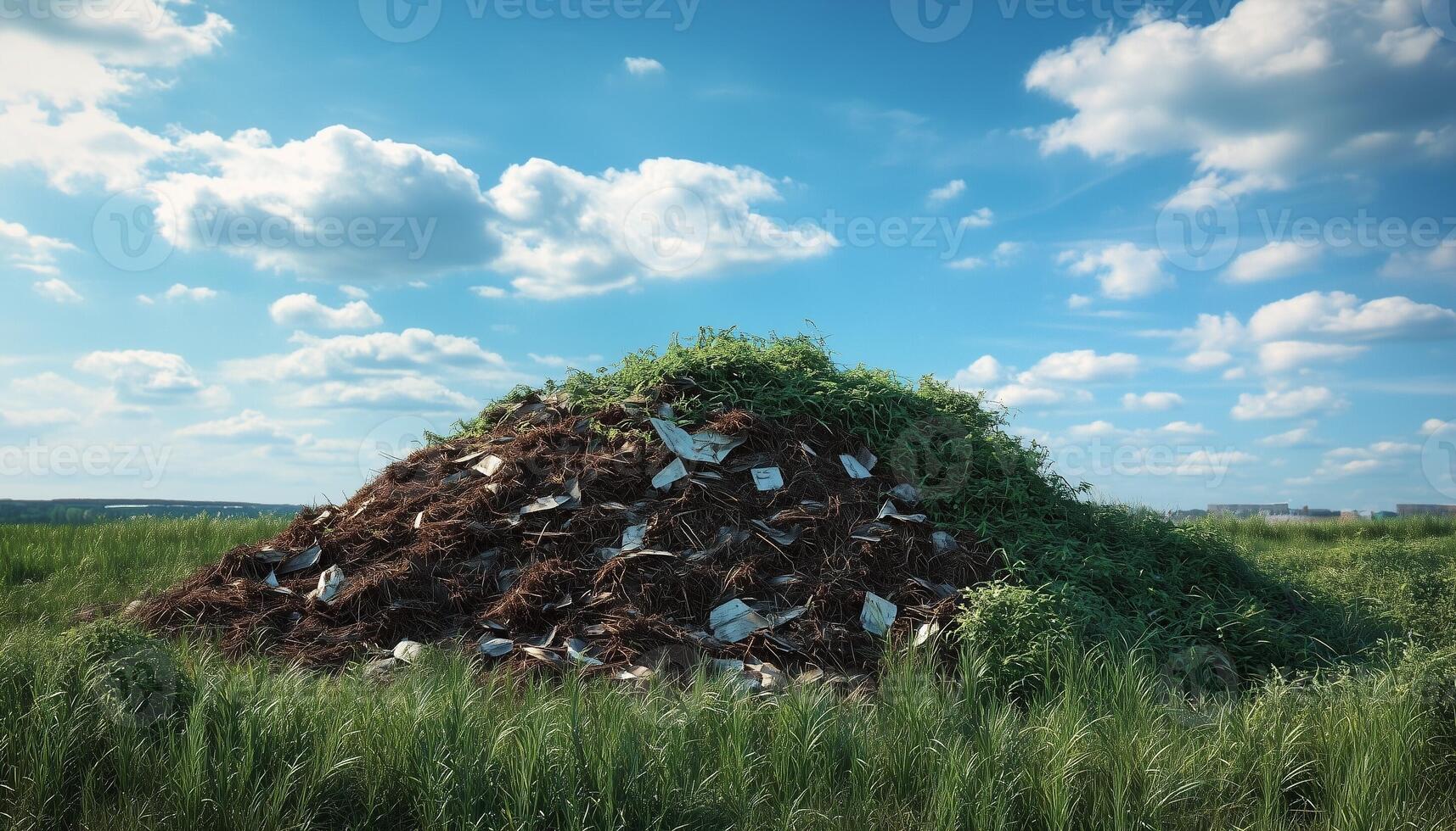 Garbage piles of grass in a large field with blue sky environment theme photo