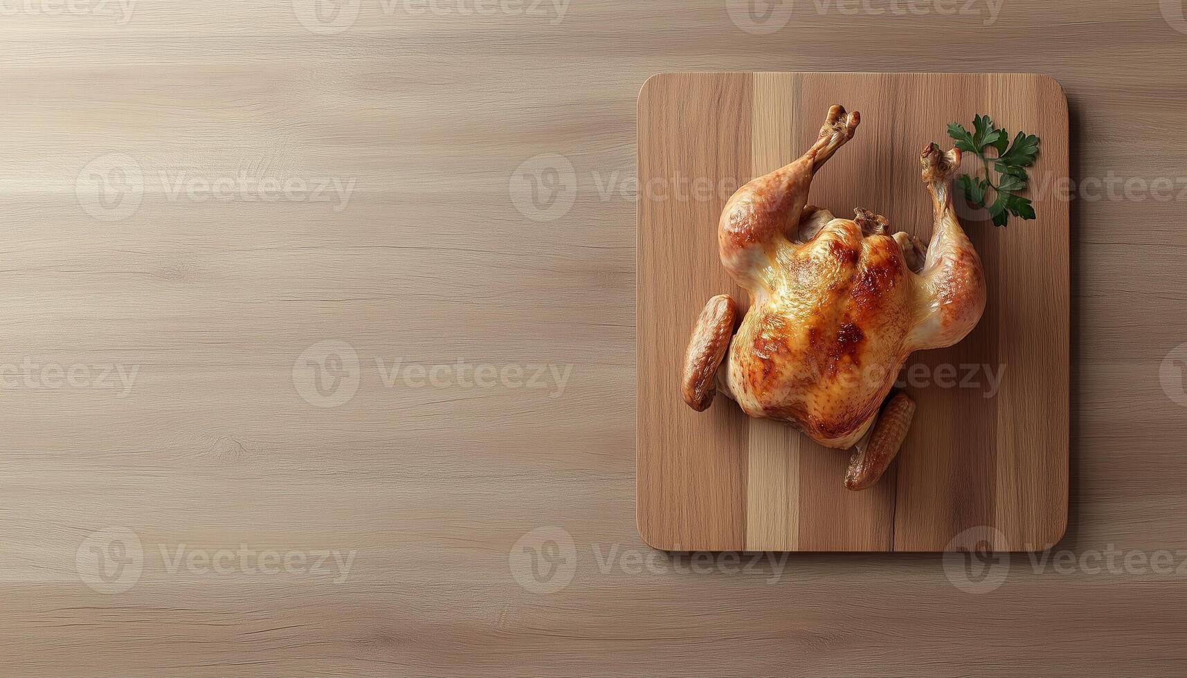 Poultry hen on wooden cutting board preparing for cooking in kitchen table photo