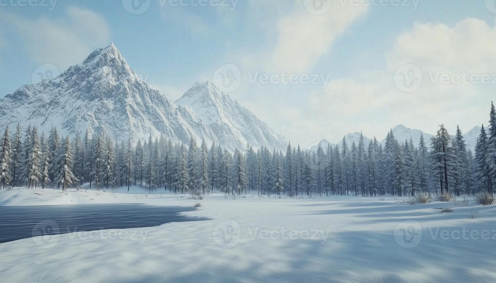 Winter landscape with mountain range, pine tree and snow photo