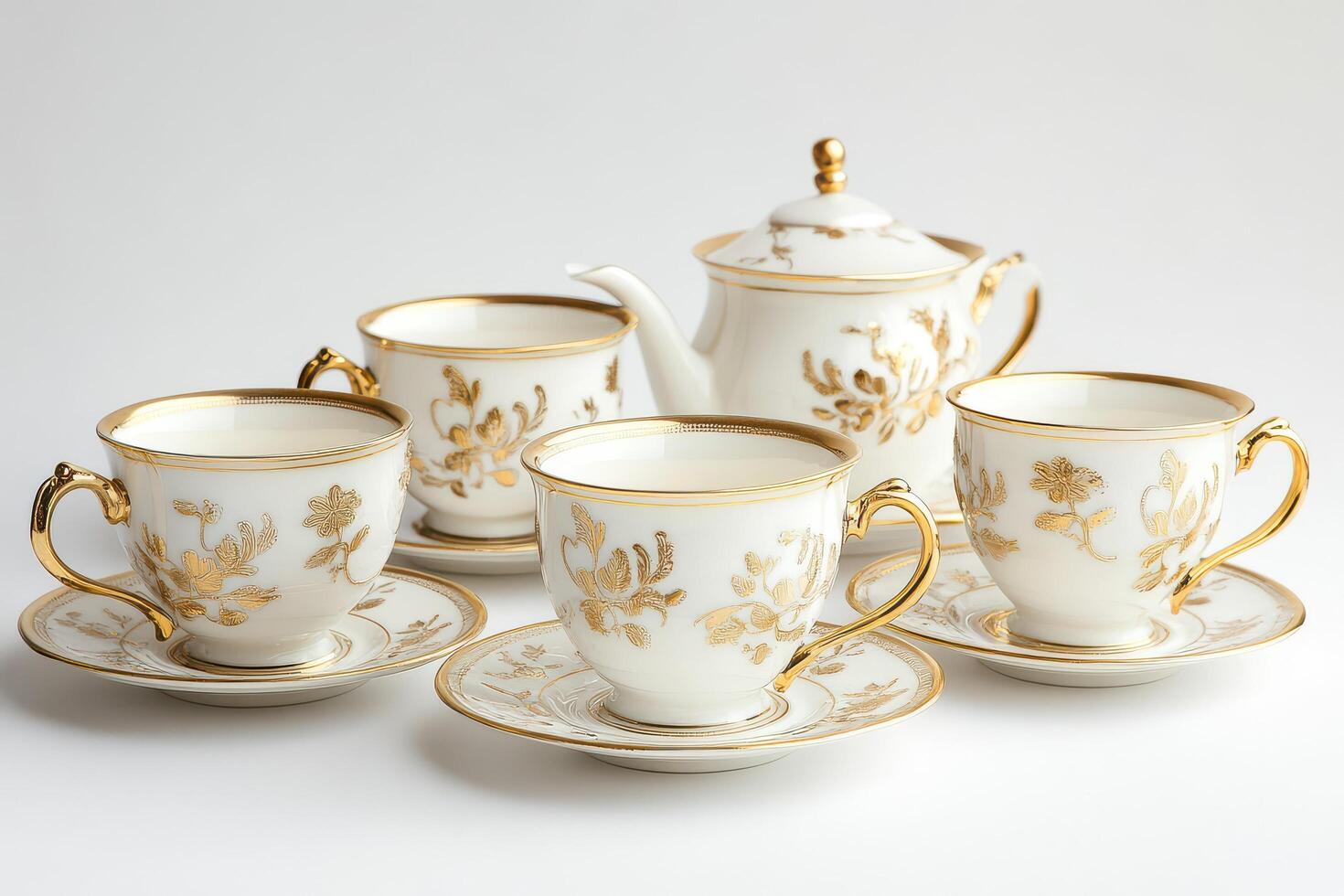 Elegant White Tea Set with Gold-Trimmed Cups and Saucers photo