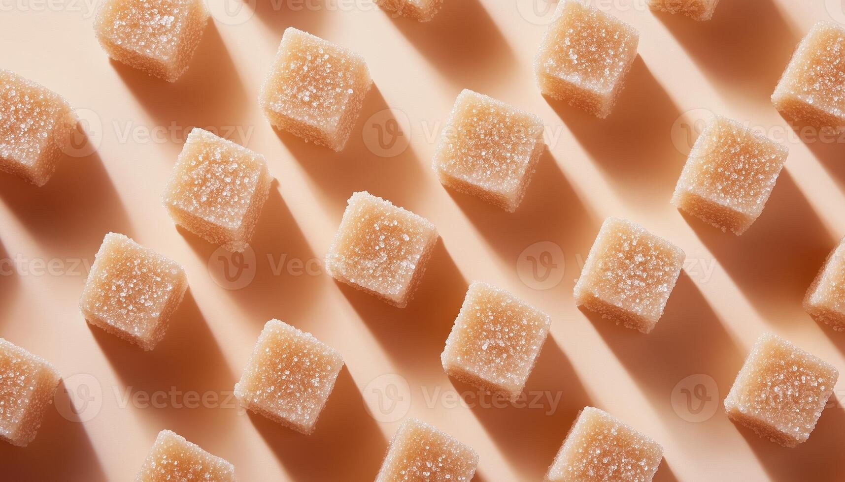 Brown sweet sugar cubes arranged cane plant sweetener on white background photo