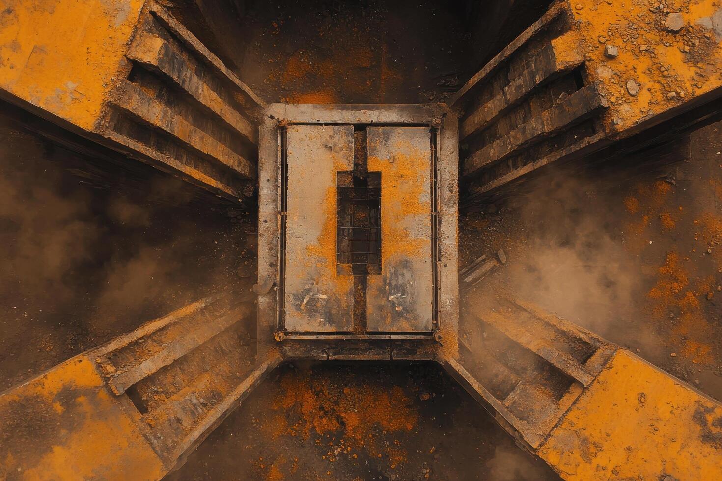 top-down view of a rusted metal texture featuring layers of rust and dust in an orange-brown color palette photo