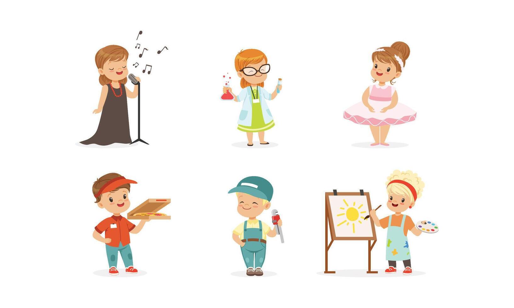 Cute Kids of Various Professions Set, Singer, Scientist, Ballerina, Pizza Courier, Plumber, Artist Illustration vector