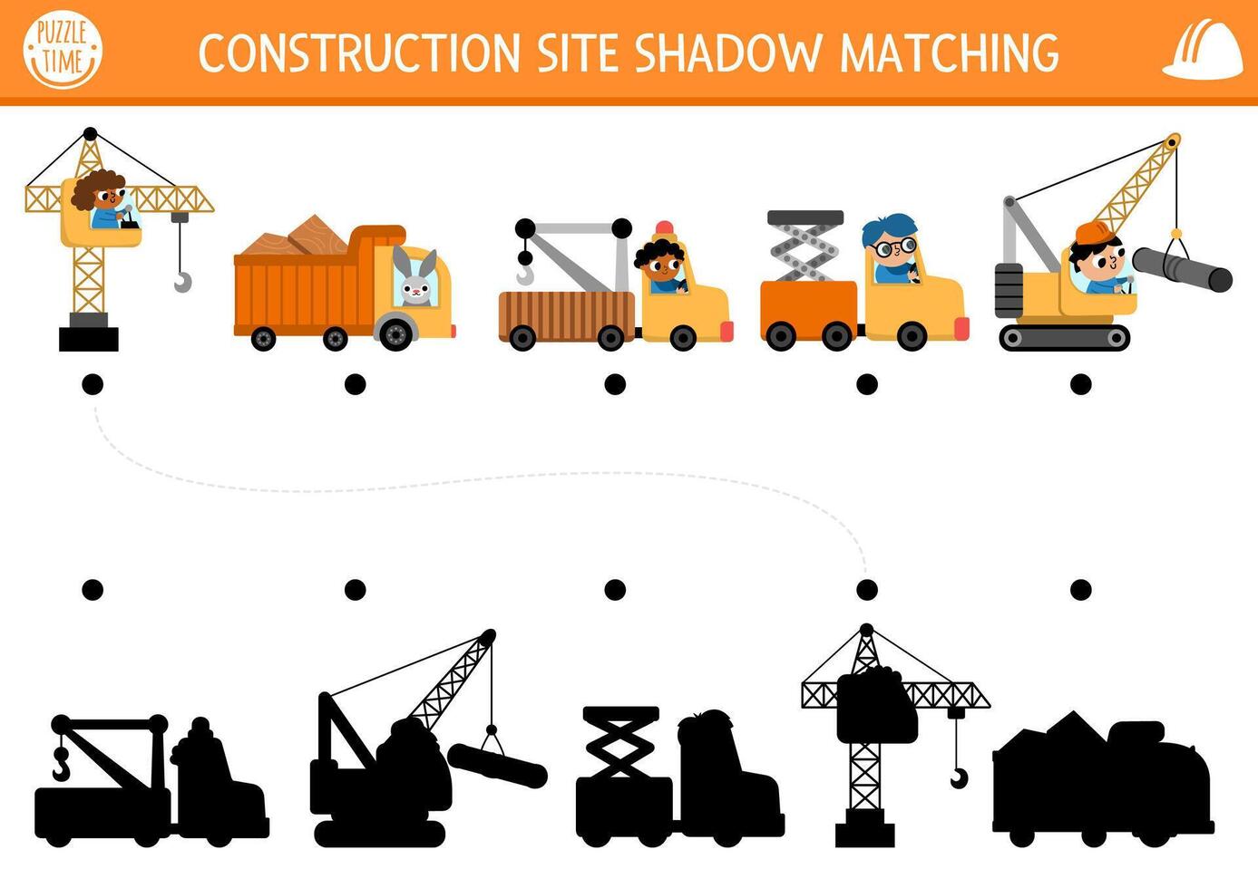 Construction site shadow matching activity with special transport, vehicles. Building works puzzle with lifting crane, truck, evacuator. Find correct silhouette printable worksheet or game for kids vector