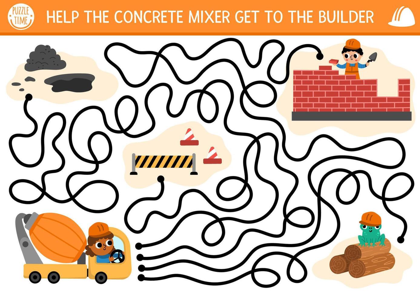 Construction site maze for kids with industrial concept. Help the concrete mixer go to worker building brick house. Building works preschool printable activity. Repair service labyrinth game, puzzle vector