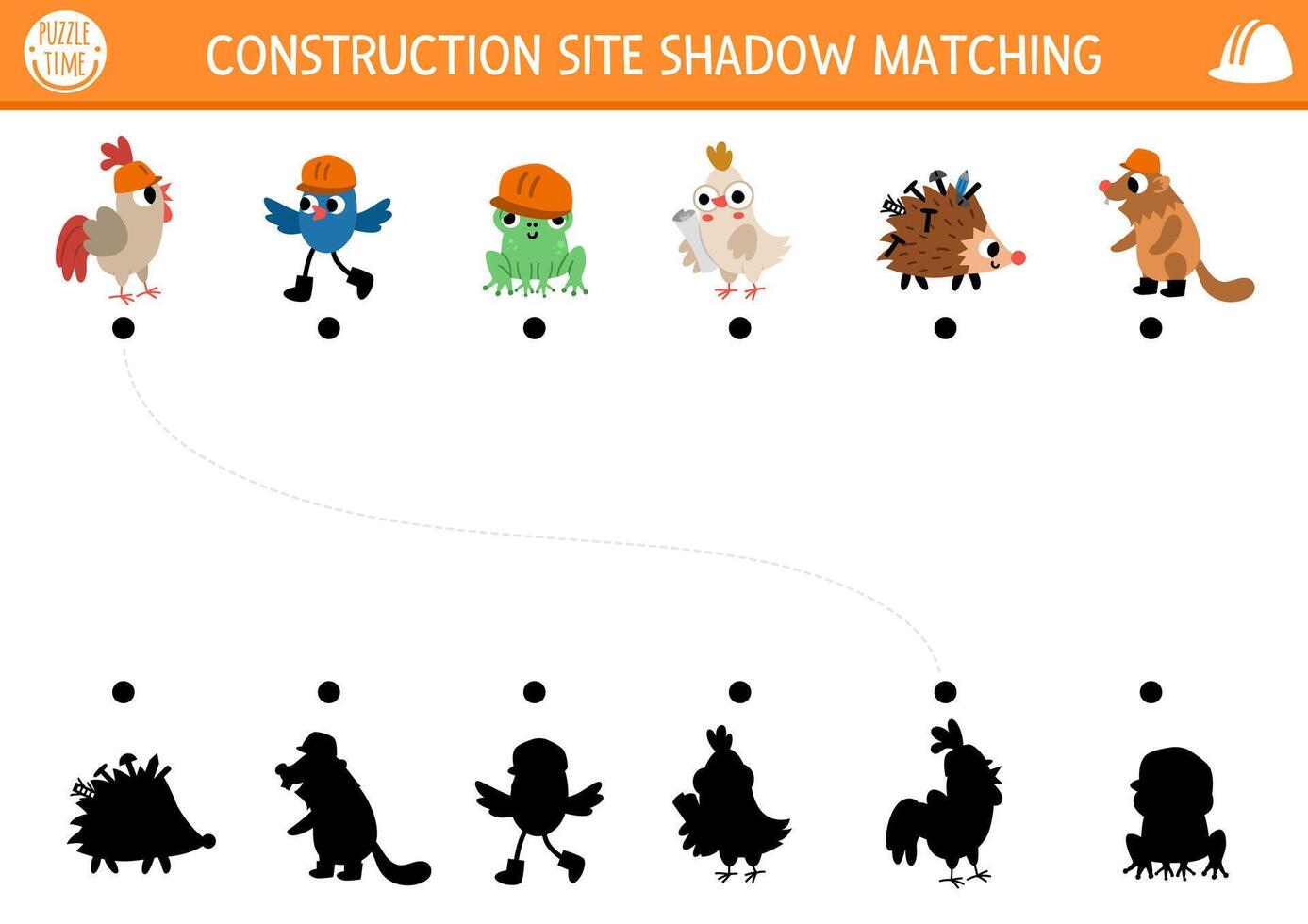 Construction site shadow matching activity with animal and bird workers in hard hats. Building works puzzle with funny builders. Find correct silhouette printable worksheet or game for kids vector