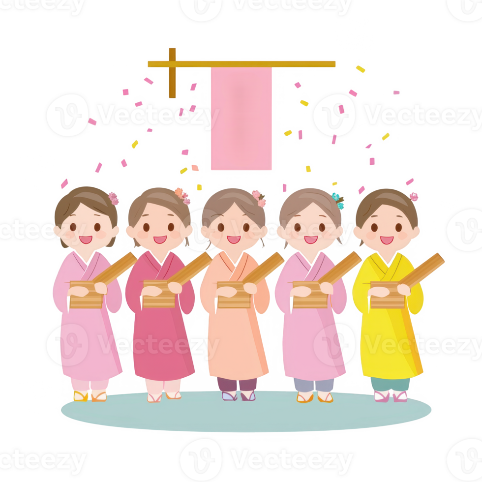 Colorful illustration of five girls in traditional attire, celebrating with festive banners and confetti in a joyful atmosphere. png