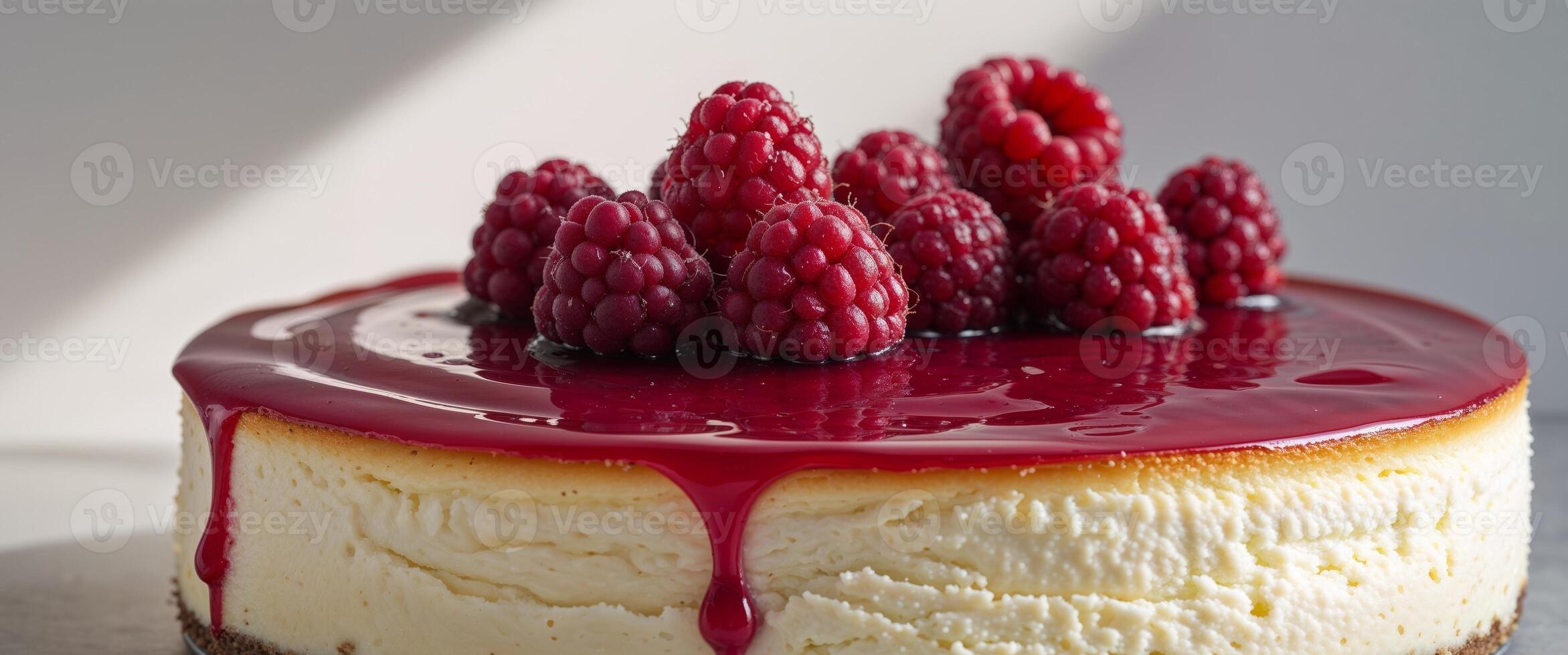 Delicious Vanilla Cheesecake with Raspberry Glaze and Fresh Raspberries photo