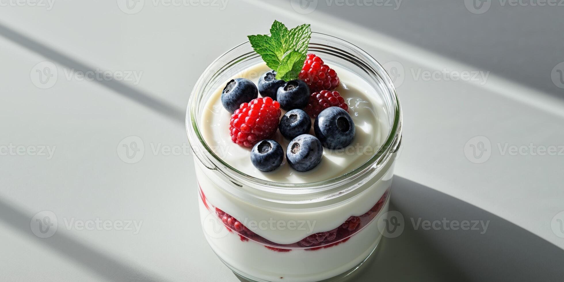 A glass jar with yogurt and berries photo