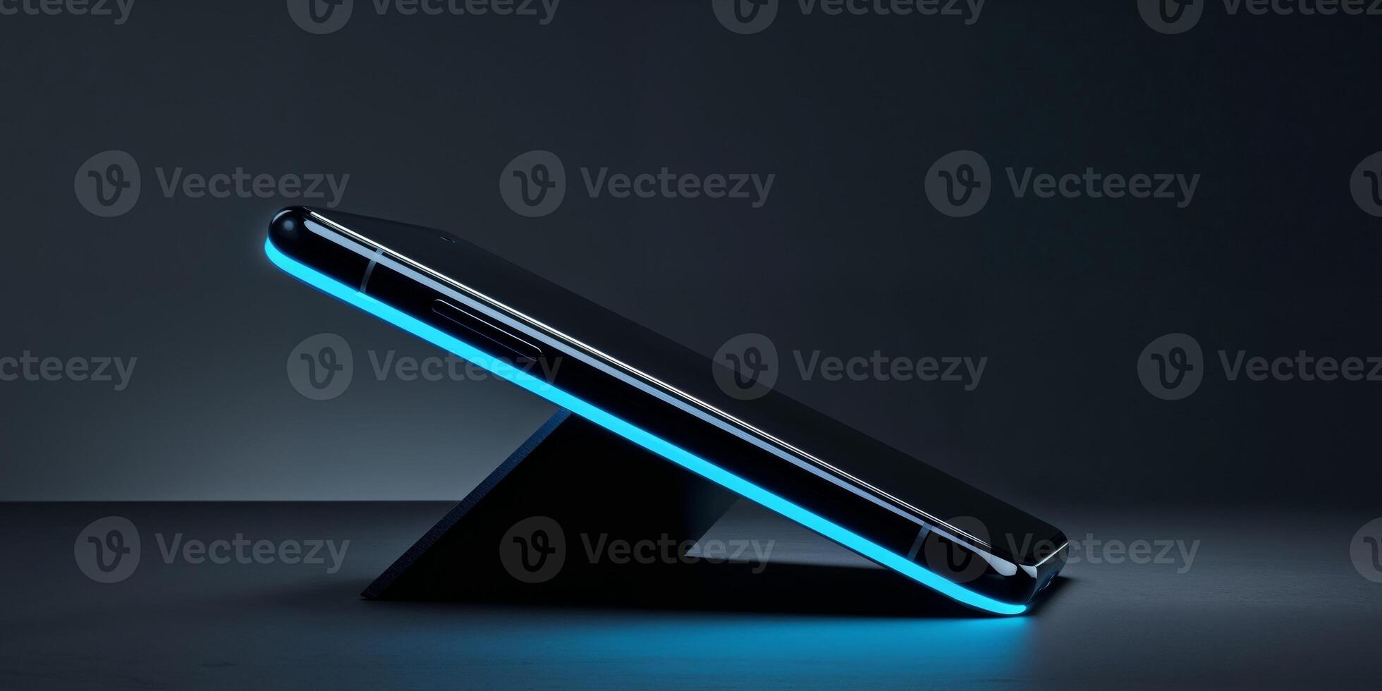 A cell phone sitting on a stand with blue light photo