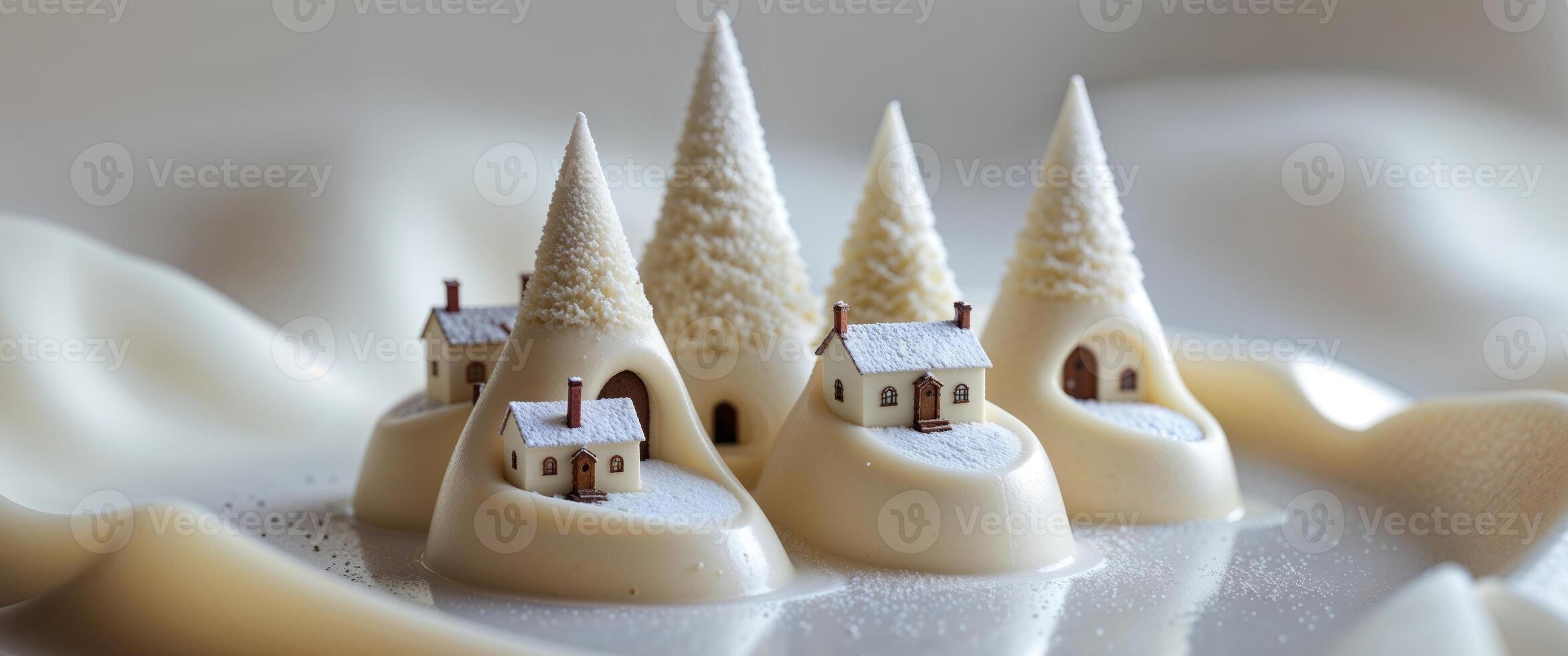 Three white chocolate houses on a plate photo