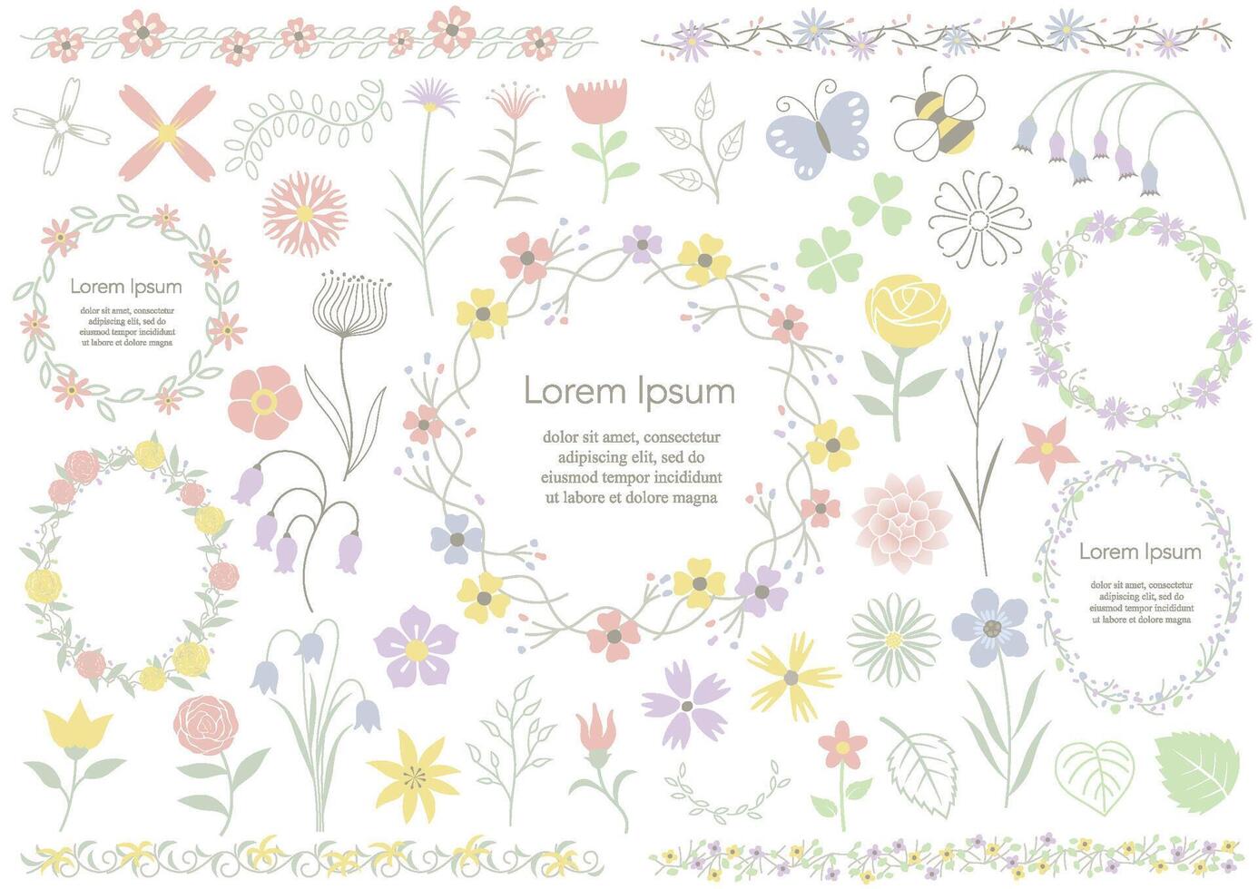 Set Of Floral Elements, Frames, And Borders Illustration Isolated On A White Background. vector