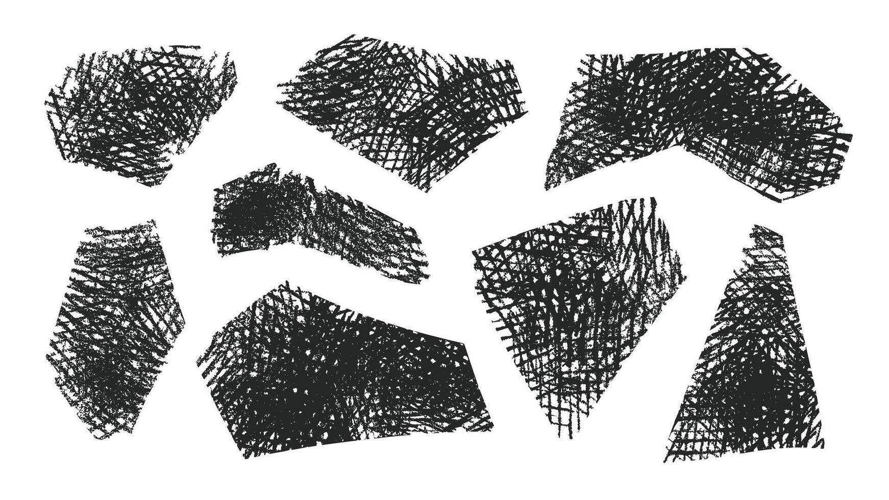 Set of abstract geometric shapes drawn with crayon. Doodle contemporary figures. Pencil shading texture, illustration vector