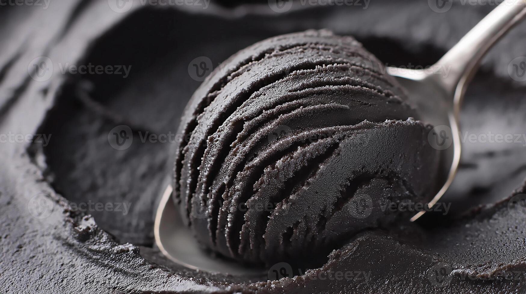 Black ice cream scoop resting on a silver spoon atop a creamy base in a dessert preparation setting photo