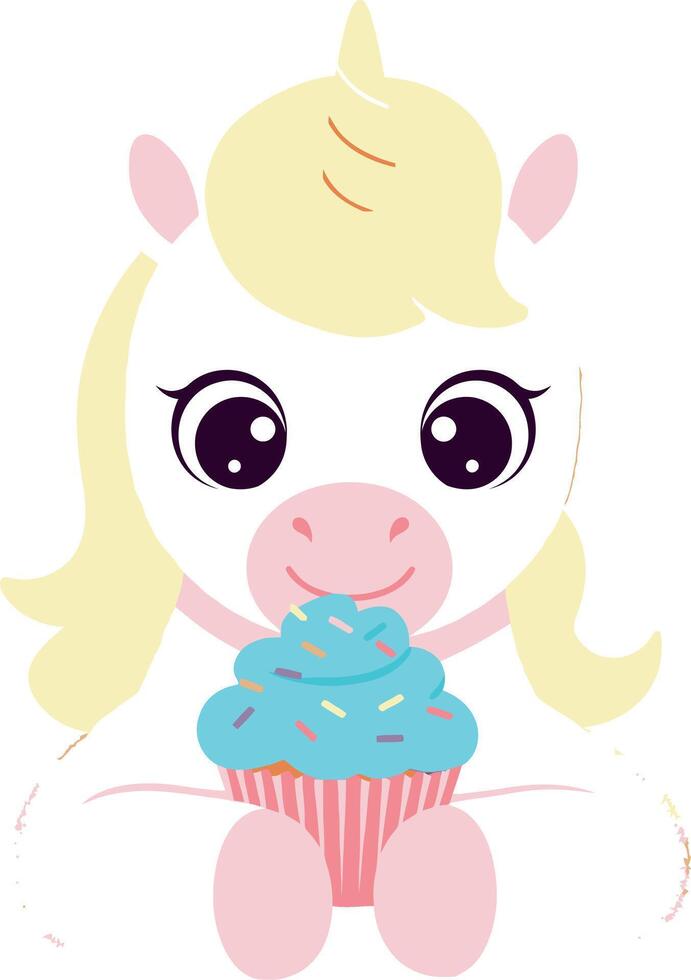 Cute unicorn holding cupcake with blue frosting and pink wrapper illustration vector