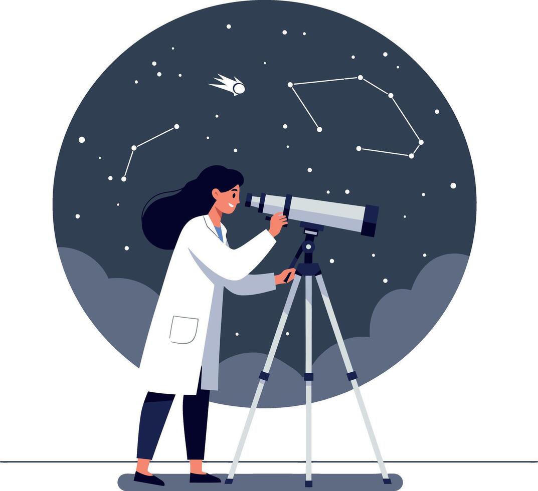 Female astronomer using telescope to observe stars and constellations at night illustration vector