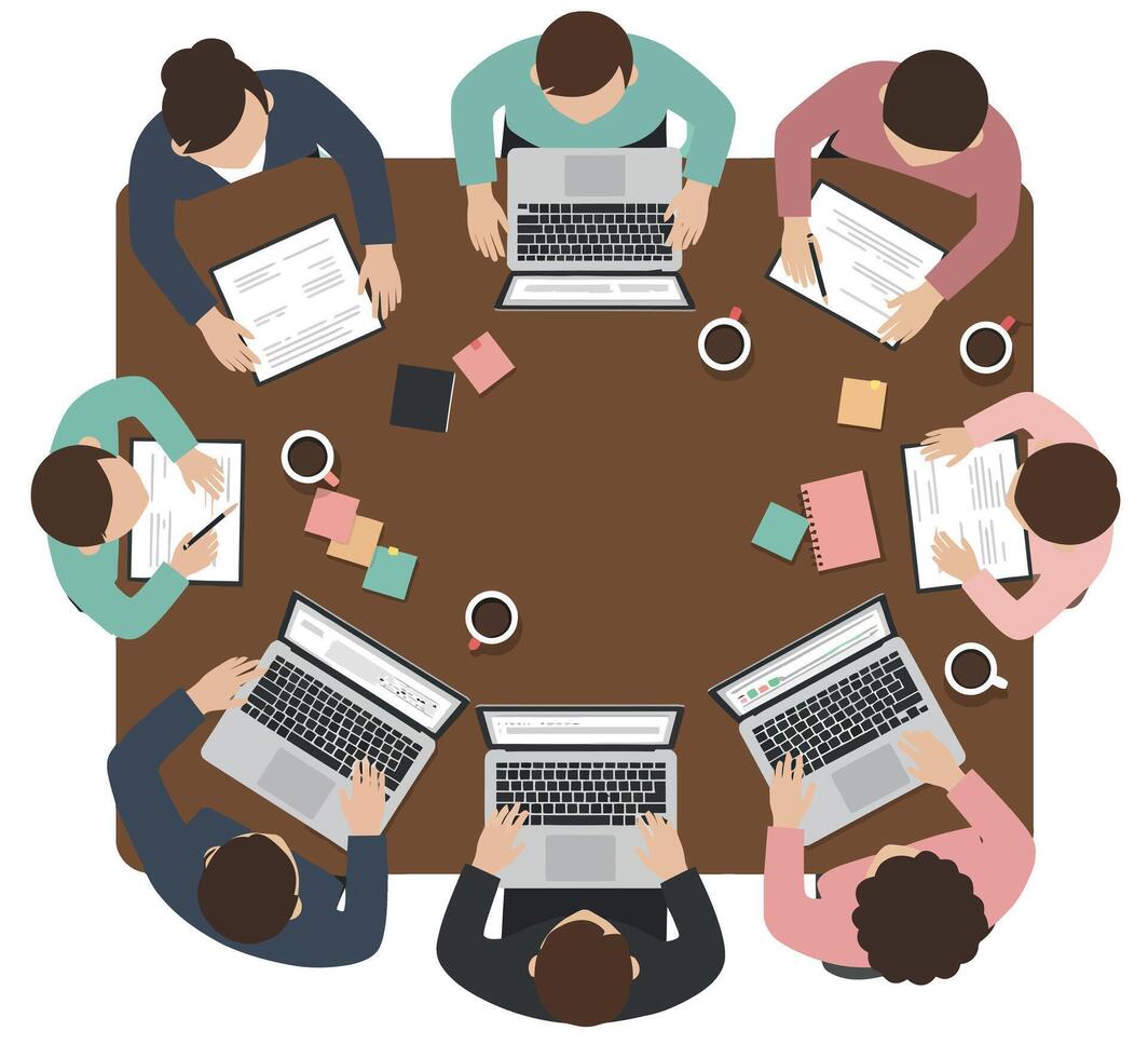 Group of diverse people working with laptops and documents around table teamwork collaboration vector