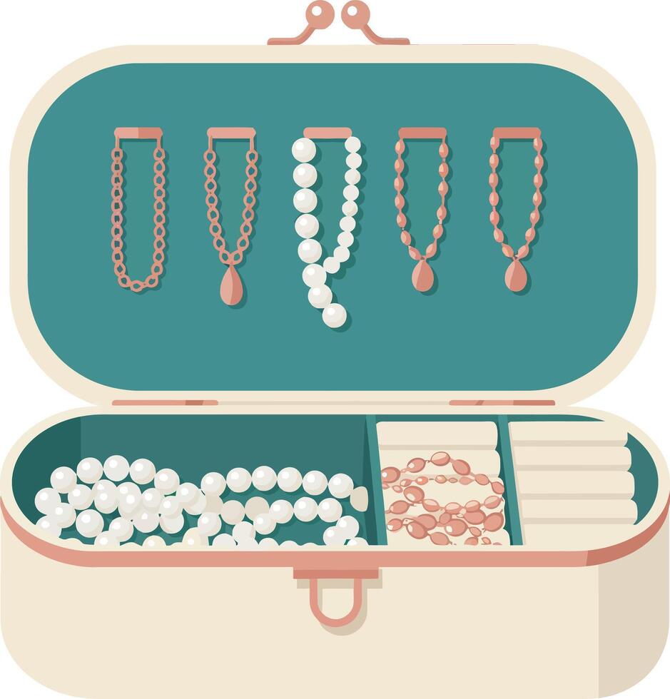 Jewelry box with pearl necklaces and gold chains storage illustration design vector