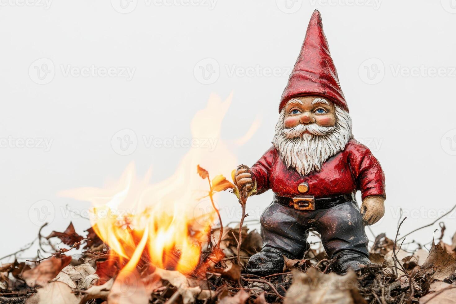 A gnome is standing in front of a fire, holding a leaf in his hand photo
