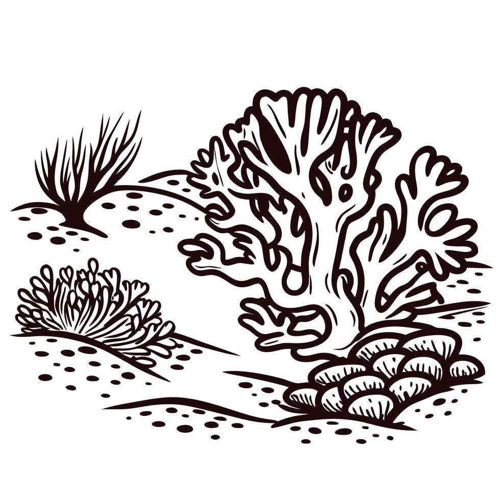 Monochrome of coral reef with diverse marine plant life vector