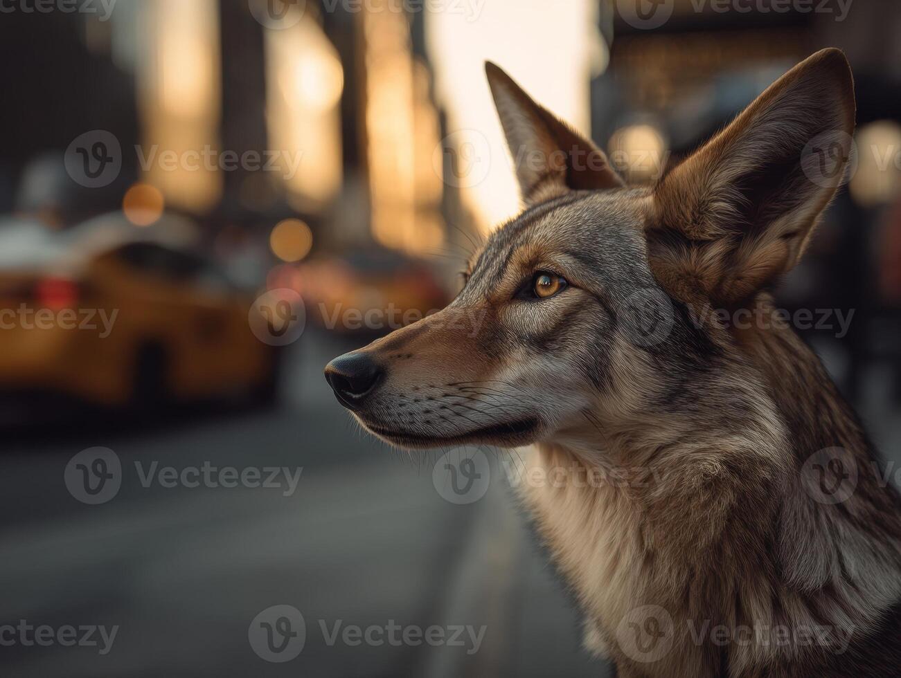 Close-up of a wolf-like animal with alert expression and upright ears, set against a blurred urban street background during golden hour, capturing a serene and contemplative moment photo