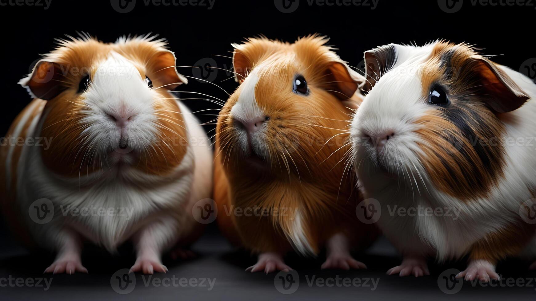 Three adorable guinea pigs posing together against a dark background in studio photo