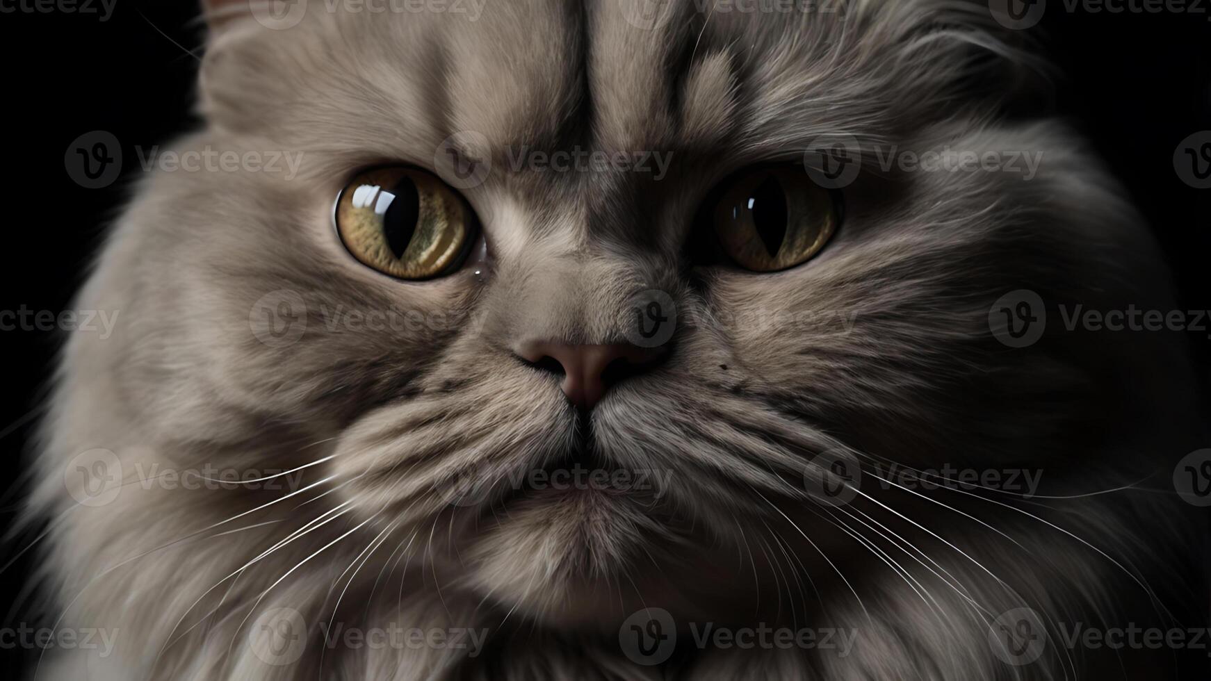 Close-up portrait of a fluffy gray cat with mesmerizing golden eyes on black backdrop photo