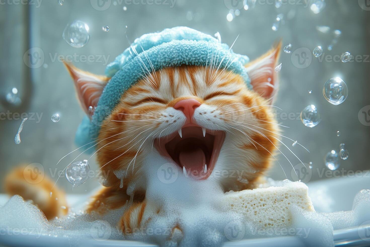 A cheerful cat in a shower cap joyfully washes itself with a sponge surrounded by foam and flying soap bubbles photo