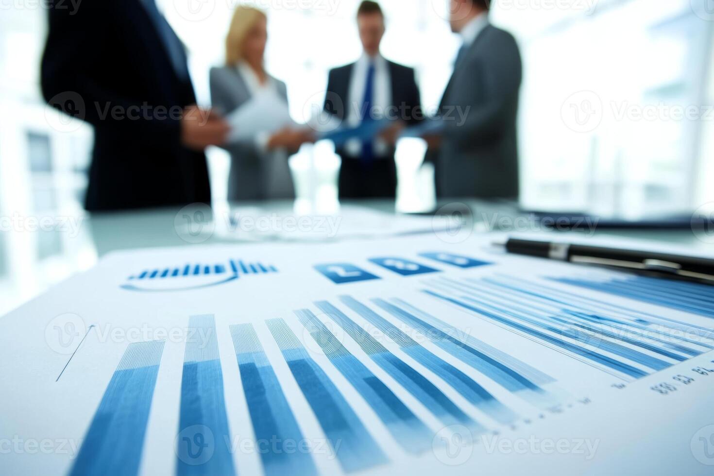 Business professionals discussing financial reports and strategies in a modern office setting during daytime photo