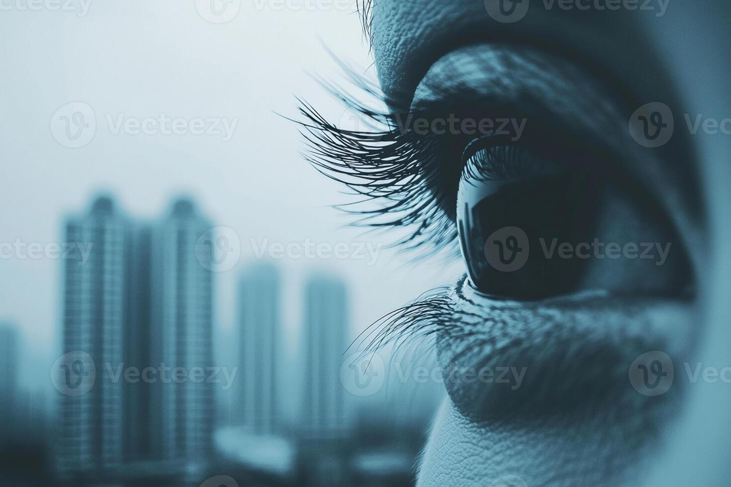 A close up of a woman's eye with city buildings in the background photo