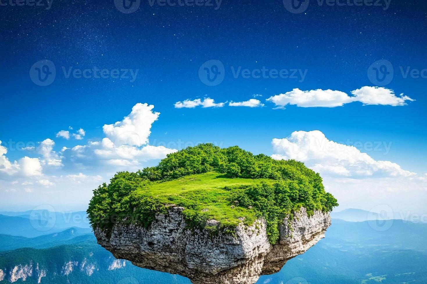 A floating island in the sky with a green grassland photo