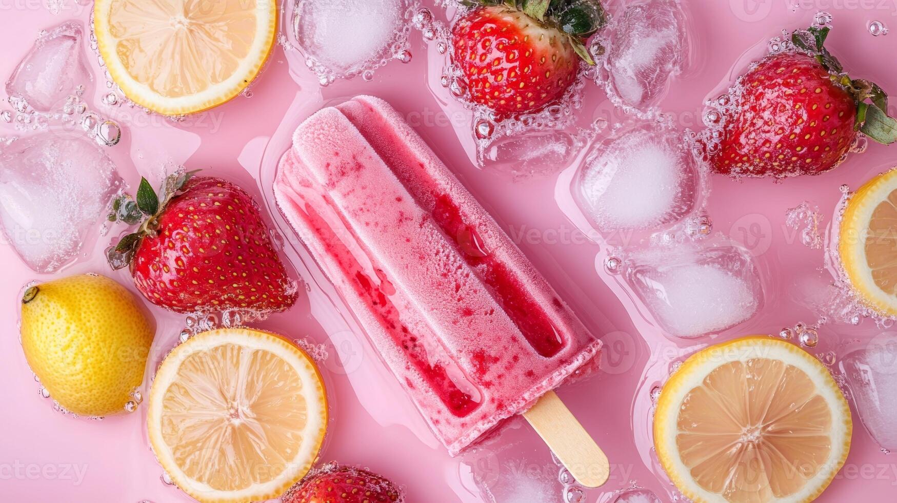 Colorful fruit popsicle surrounded by ice and fresh strawberries and lemons on a pink background photo