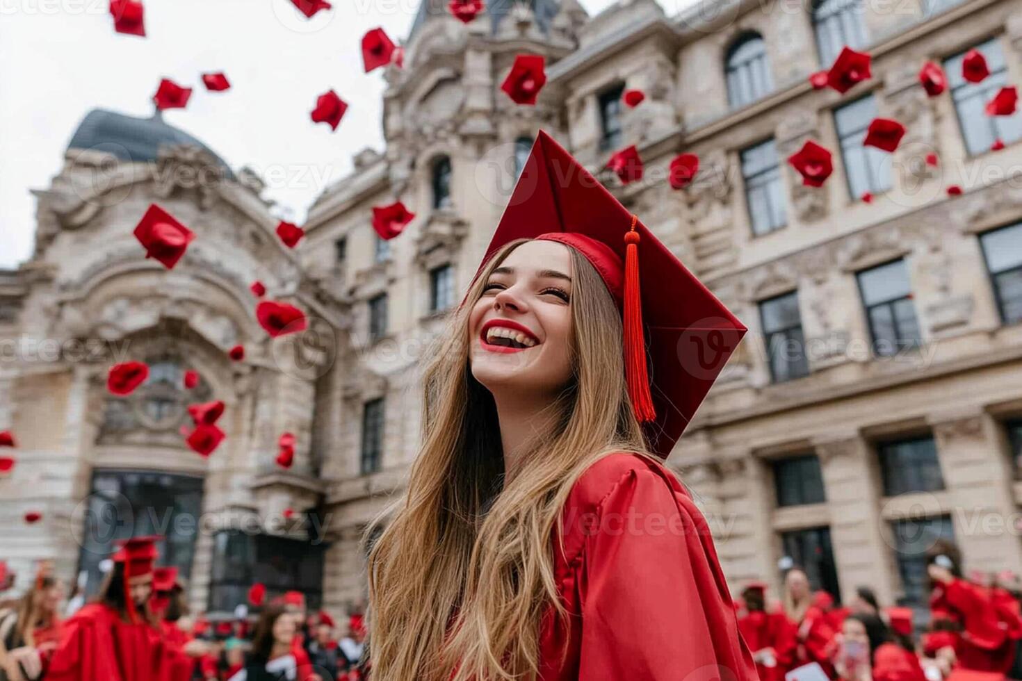 A woman in a red graduation gown and cap is surrounded by red confetti photo
